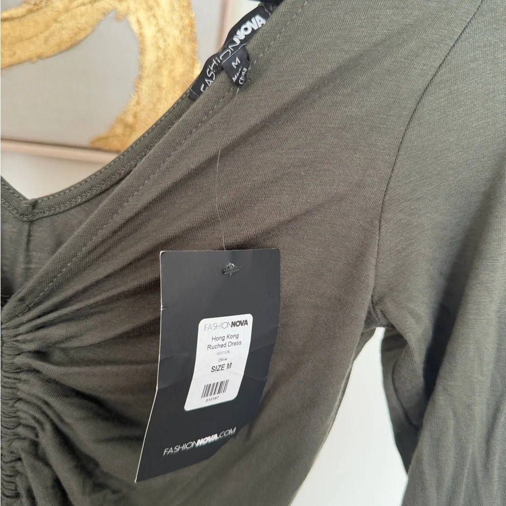 Women’s Olive Ruched Long Sleeve Dress - Picture 5 of 5